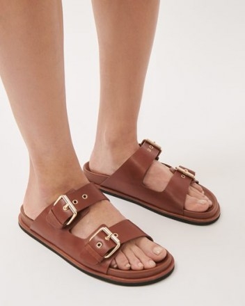 JIGSAW IVY LEATHER FOOTBED SLIDER ~ tan brown double strap slides