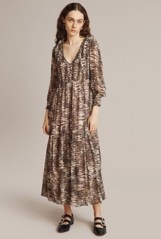 GHOST JACINTA DRESS Brown Animal / tiered georgette fabric dresses - flipped