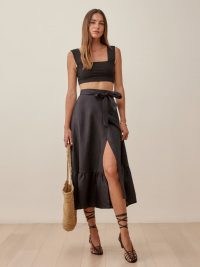 Reformation Julep Linen Skirt | black frill hem midi skirts