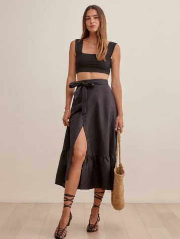 Reformation Julep Linen Skirt | black frill hem midi skirts - flipped