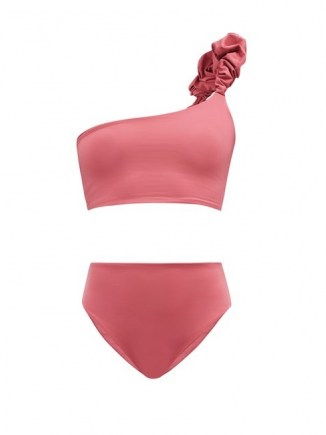 MAYGEL CORONEL Karla pink ruffled one-shoulder bikini / UV, chlorine and sunscreen-resistant smooth stretch jersey bikinis / asymmetric swimwear - flipped