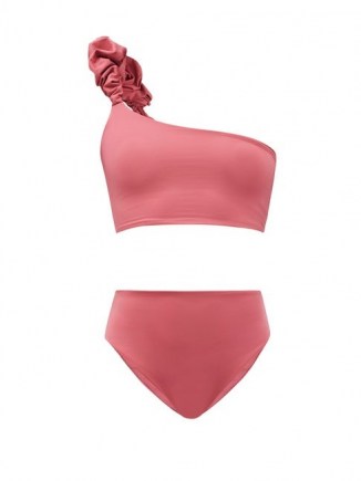 MAYGEL CORONEL Karla pink ruffled one-shoulder bikini / UV, chlorine and sunscreen-resistant smooth stretch jersey bikinis / asymmetric swimwear