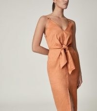 REISS KAY LINEN MIDI DRESS WITH TIE DETAIL CORAL