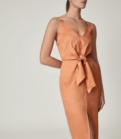 REISS KAY LINEN MIDI DRESS WITH TIE DETAIL CORAL