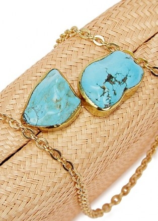 KAYU Jen sand woven straw clutch / turquoise stone embellished shoulder bag - flipped