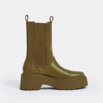 River Island Khaki faux leather chunky boots / dark green platform chelsea boot