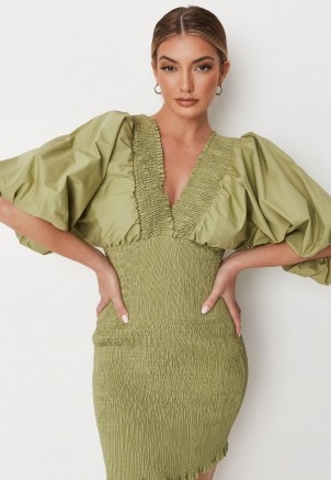 MISSGUIDED khaki shirred puff sleeve v neck mini dress ~ green dresses with extreme puffed sleeves - flipped