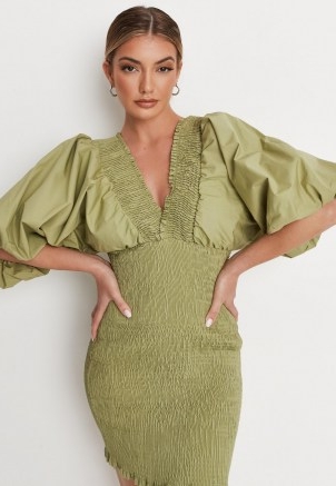 MISSGUIDED khaki shirred puff sleeve v neck mini dress ~ green dresses with  extreme puffed sleeves