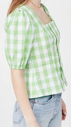 KITRI Bridget Gingham Top Green Gingham ~ checked puff sleeve tops with square neck
