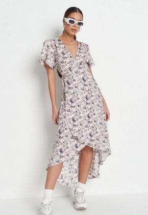 MISSGUIDED lilac floral print wrap high low midi dress ~ asymmetric hem tea dresses - flipped
