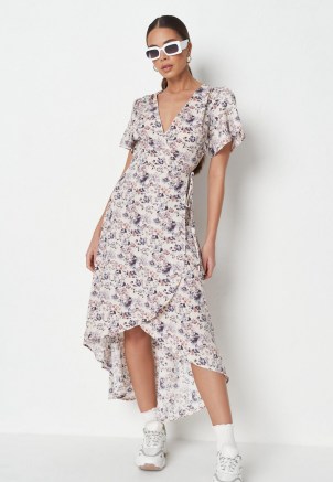 MISSGUIDED lilac floral print wrap high low midi dress ~ asymmetric hem tea dresses