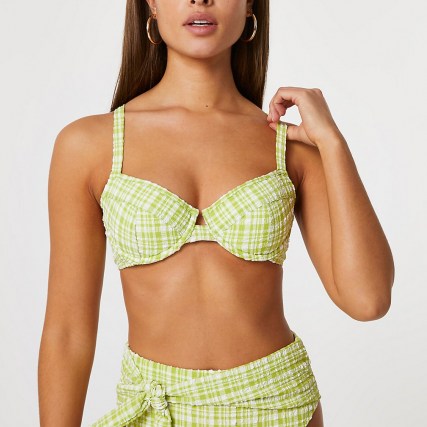 RIVER ISLAND Lime gingham underwired bikini top | green check bikinis - flipped