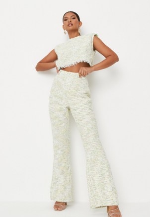 Missguided lime tailored boucle flared trousers | retro textured fabric flares - flipped