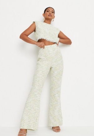 Missguided lime tailored boucle flared trousers | retro textured fabric flares
