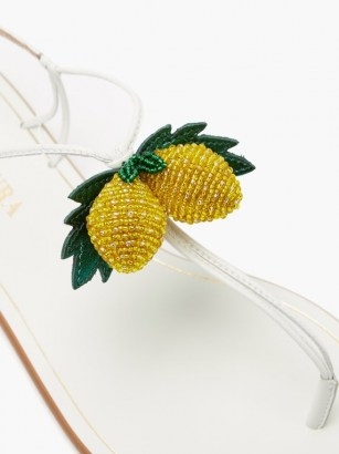 AQUAZZURA Limoncello beaded leather sandals / white strappy lemon embellished flats / fruit on footwear - flipped