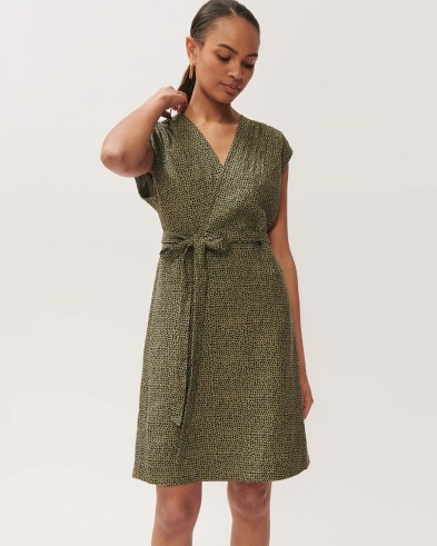 JIGSAW LINEN ANIMAL POLKA SHORT DRESS KHAKI / green wrap style dresses - flipped