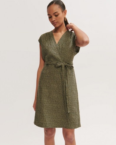 JIGSAW LINEN ANIMAL POLKA SHORT DRESS KHAKI / green wrap style dresses