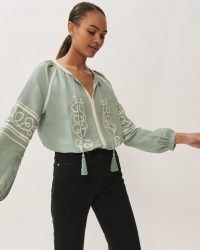 JIGSAW LINEN BLEND ROPE KAFTAN BLOUSE ~ green peasant style blouses