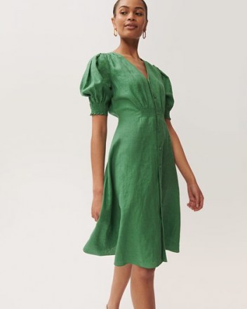 JIGSAW LINEN BUTTON FRONT TEA DRESS / green vintage style puff sleeve dresses - flipped