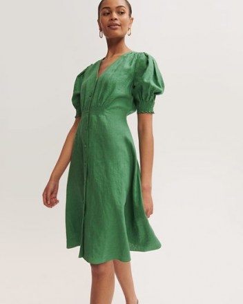 JIGSAW LINEN BUTTON FRONT TEA DRESS / green vintage style puff sleeve dresses