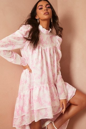 LORNA LUXE PINK FLORAL PRINT ‘GISELLE’ PUFF SLEEVE HIGH NECK GRADUATED HEM DRESS / romantic vintage style dresses - flipped