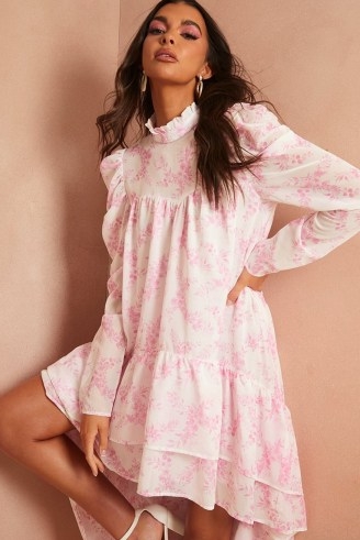 LORNA LUXE PINK FLORAL PRINT ‘GISELLE’ PUFF SLEEVE HIGH NECK GRADUATED HEM DRESS / romantic vintage style dresses