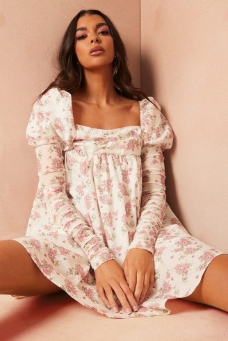 LORNA LUXE WHITE ROSE PRINT ‘ROSALIE’ RUCHED PUFF SLEEVE DRESS / long sleeve babydoll dresses - flipped