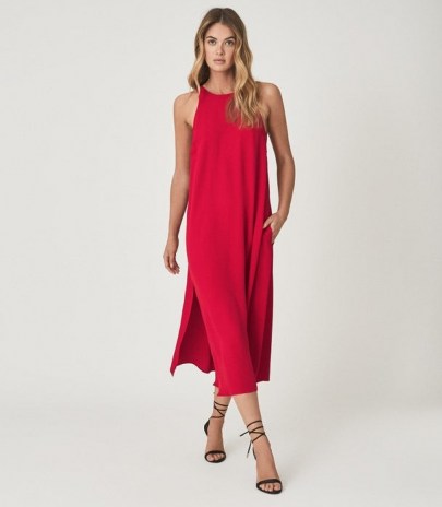 REISS LORNI SHIFT SILHOUETTE MIDI DRESS RED / fluid fabric summer evening dresses - flipped