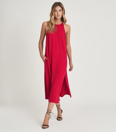 REISS LORNI SHIFT SILHOUETTE MIDI DRESS RED / fluid fabric summer evening dresses