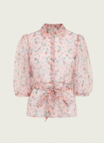 L.K. BENNETT LUELLA PINK SILK WOVEN TOP ~ floral tie waist tops - flipped