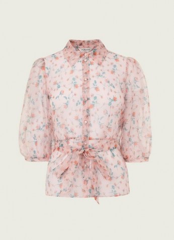 L.K. BENNETT LUELLA PINK SILK WOVEN TOP ~ floral tie waist tops