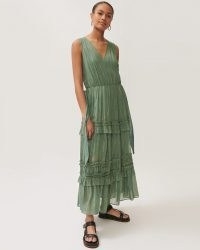 JIGSAW LUREX FIL COUPE RUFFLED DRESS in THYME ~ green metallic thread maxi dresses