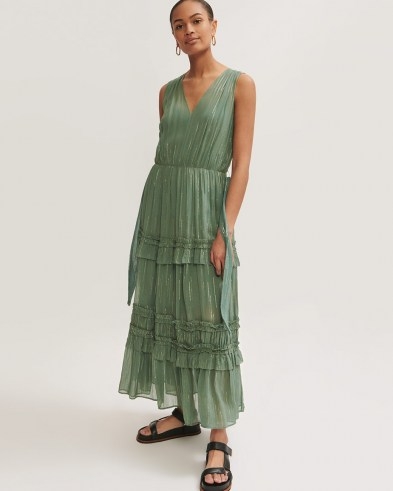 JIGSAW LUREX FIL COUPE RUFFLED DRESS in THYME ~ green metallic thread maxi dresses - flipped