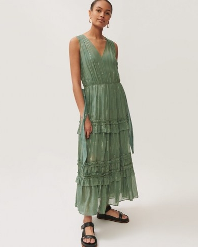 JIGSAW LUREX FIL COUPE RUFFLED DRESS in THYME ~ green metallic thread maxi dresses