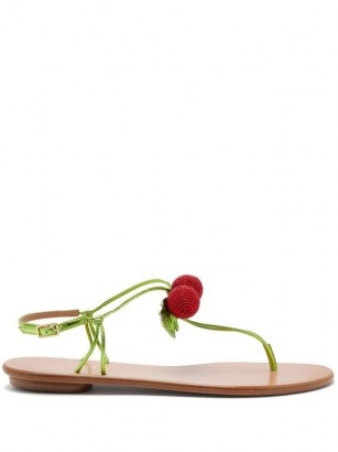 AQUAZZURA Manzanita beaded leather sandals / cherry embellished skinny strap sandal / strappy summer flats / fruit on fashion / cherries - flipped