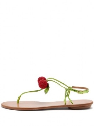AQUAZZURA Manzanita beaded leather sandals / cherry embellished skinny strap sandal / strappy summer flats / fruit on fashion / cherries