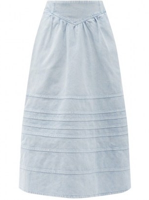 SEA Maura basque-waist denim midi skirt ~ pale blue acid washed summer skirts