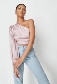 MISSGUIDED mauve co ord satin one shoulder crop top