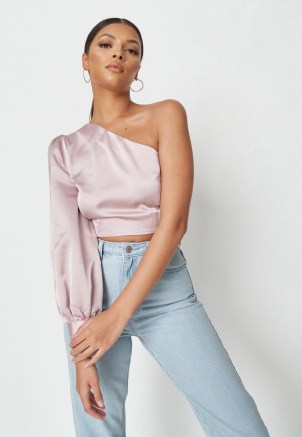 MISSGUIDED mauve co ord satin one shoulder crop top