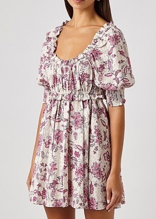 MISA Ara floral-print mini dress / romantic scooped-neck short puff sleeve dresses