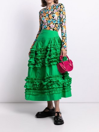 Molly Goddard ruffled full skirt in green cotton | ruffle trimmed summer skirts - flipped