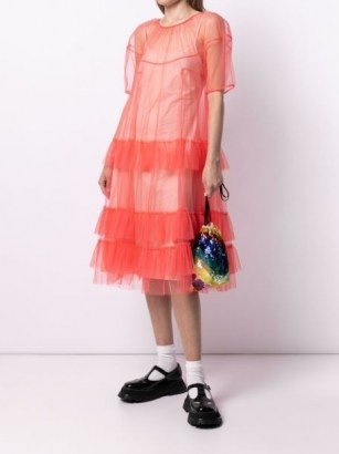 Molly Goddard neon-pink ruffled tulle dress ~ romantic sheer overlay ruffle dresses - flipped