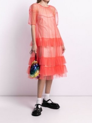 Molly Goddard neon-pink ruffled tulle dress ~ romantic sheer overlay ruffle dresses
