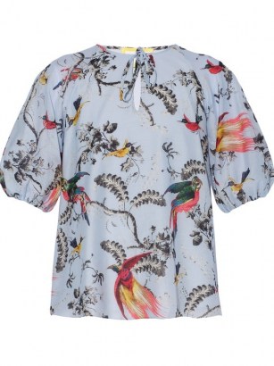 ERDEM Monaco parrot-print crepe de chine blouse. PARROTS ON BALLOON SLEEVE BLOUSES. WILD BIRDS ON FASHION