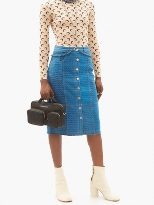 MARINE SERRE Moonfish Skin-print denim midi skirt ~ blue printed front button up skirts - flipped