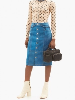 MARINE SERRE Moonfish Skin-print denim midi skirt ~ blue printed front button up skirts