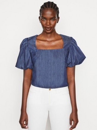 FRAME Nina Cropped Blouse | puff sleeve denim blouses with square neckline - flipped