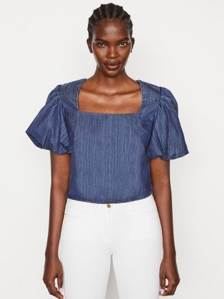 FRAME Nina Cropped Blouse | puff sleeve denim blouses with square neckline