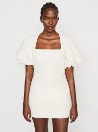 FRAME Nina Leather Dress Bone | luxe mini dresses with short puff sleeves
