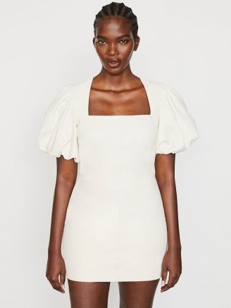 FRAME Nina Leather Dress Bone | luxe mini dresses with short puff sleeves - flipped